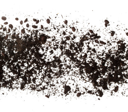 Fertilizer Coffee bean seed powder mixed soil fly fall, Fertilizer Coffee bean soil for planting float in air. Fertilizer Coffee bean throw in mid air. White background isolated high speed freeze