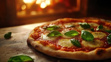 Wood fired margherita pizza topped with fresh basil in a classic oven showcasing a delicious food photography theme