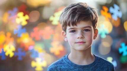 Young boy with autism against a blurred backdrop featuring puzzle pieces symbolizing child mental health and the autism spectrum disorder concept