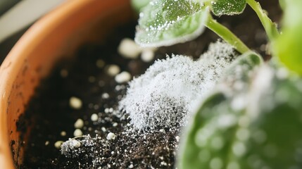 White fungal mold growing in a flower pot within houseplant soil