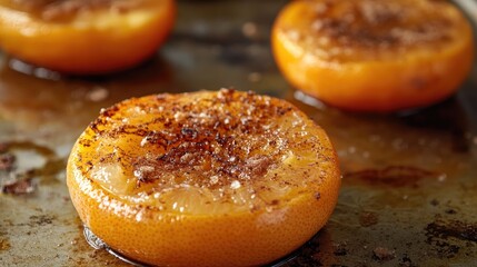 Vintage broiled grapefruit topped with brown sugar and cinnamon on a metal surface offering a healthy dessert option for breakfast or snacks