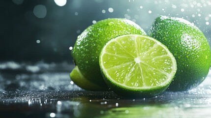Whole and sliced limes vibrant green citrus fruit isolated on a transparent background