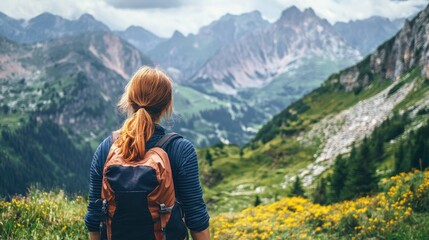 Naklejka premium Woman Hiking in Mountain Range from Behind