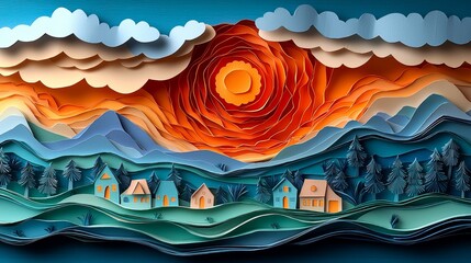 Fototapeta premium Vibrant Paper Art Landscape with Sunset and Clouds