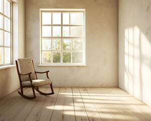 Bright and airy room with a rocking chair, showcasing natural light through large windows, perfect for peaceful relaxation.