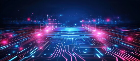chip and circuit board on technology background. Brightly glowing pixels on a semiconductor surface