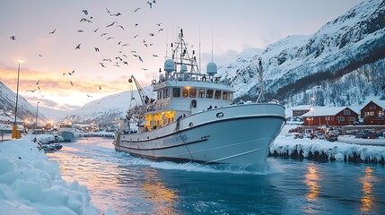 Naklejka premium Trawler Returning to Port at Sunset in Winter