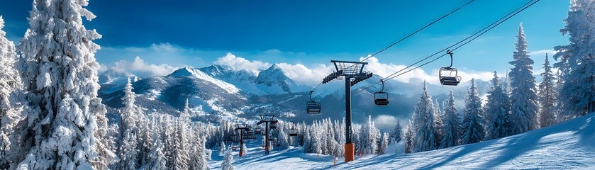 Snowy Mountain Peak with Chairlifts and Fir Trees