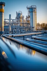 Obraz premium Industrial Refinery at Sunset with Metallic Structures and Blue Sky Reflections in a Modern Petrochemical Plant