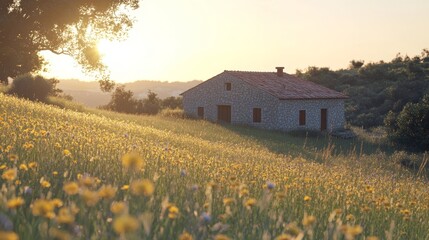 Idyllic Sunset Stone Farmhouse in Blooming Wildflower Meadow