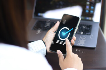 Businesswoman Take an assessment, Check list, questionnaire, evaluation, filling out an online survey form. Answer the test questions. online survey exam Choosing the right answer in the exam,