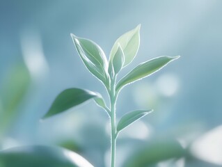 Fototapeta premium Fresh green leaves emerging in soft light, symbolizing growth, renewal, and the beauty of nature's simplicity.