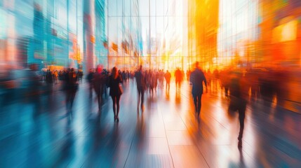 Blurred Motion of People in a Modern Urban Setting with Vibrant Colors and Dynamic Energy