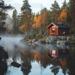 Fototapeta premium Autumn Cabin Reflection Serene Lakeside Log Home in Misty Forest