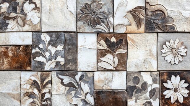 Vintage shabby patchwork mosaic tile texture featuring an old brown and white design with floral and geometric patterns on a stone and cement wall background