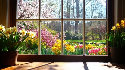 A vibrant garden view from a window filled with colorful flowers.