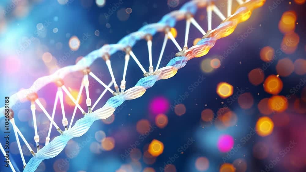 Poster dna double helix: microscopic view of a dna strand, glowing with vibrant colors against a bokeh back