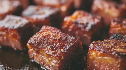 A close-up of crispy pork belly with crackling skin, sliced into bite-sized pieces, ready to serve.