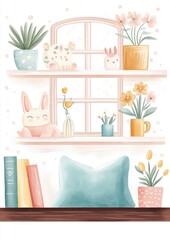 A simple illustration of an open white wall shelf with cute pastel-colored accessories and small plants