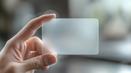 A hand holds a blank translucent card with rounded corners.