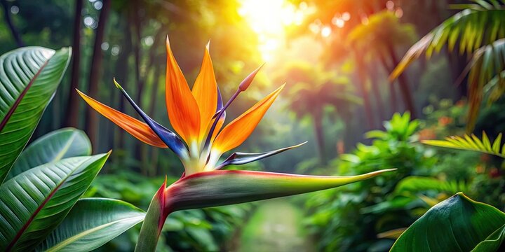 Bird of paradise flower blooming in lush tropical forest, tropical, forest, bird of paradise, flower, strelitzia reginae