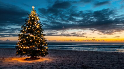 Beachside Australian Christmas tree adorned with fairy lights blurred background perfect for messaging