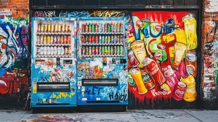 Naklejka premium A colorful soda vending machine, stocked with various fizzy drinks, standing in a busy urban street corner.