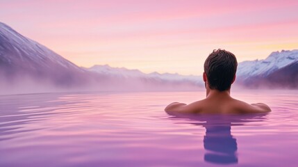 Fototapeta premium Man relaxing in a serene mountain hot spring at sunset, AI