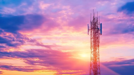 Telecommunication antenna tower featuring multiple types of antennas.