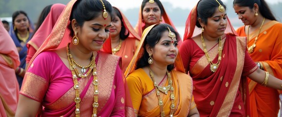 Fototapeta premium Women Adorned in Traditional Sarees and Jewelry Preparing for Sacred Chhath Puja Rituals to Honor the Sun.