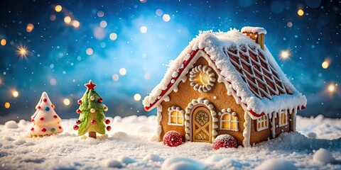 Whimsical gingerbread house covered in snow in a winter wonderland, Gingerbread, house, snow, winter, wonderland, whimsical