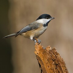 Fototapeta premium Carolina Chickadee perched on a tree stump against a blurred background in a natural setting.