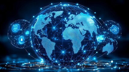 Obraz premium Digital Globe with Floating Trade Routes Visualization