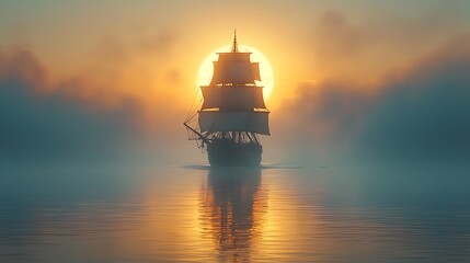 Mysterious Pirate Ship with Black Sails at Sunset