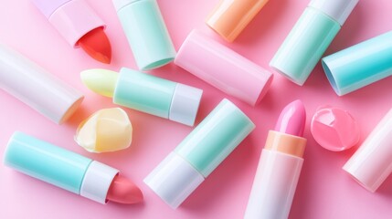 Pastel Lip Balm Set Colorful Lip Care Beauty Products Pink Background