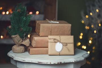 Eco christmas holiday concept, Christmas gift zero waste, hand made gifts in kraft paper