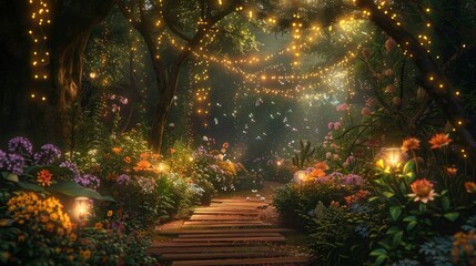 A path lined with flowers, trees, and warm fairy lights in a magical forest.