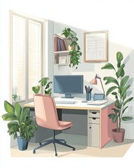 An illustraton of office in a house, pastel colors, white background 