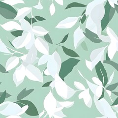 Abstract floral pattern with white and green leaves on a mint green background.  A beautiful seamless pattern for design projects.