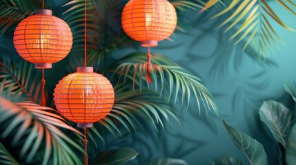 Fototapeta premium Orange lanterns hang among green palm leaves.