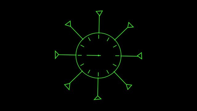 clock icon with moving arrows ,rooted 12 hour in the circle . on the black background .
