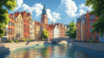 A picturesque European town with colorful buildings lining a canal, a bridge crossing the water, and a boat passing underneath.