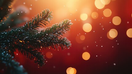 Christmas background with xmas tree and sparkle bokeh lights on red canvas background. Merry christmas card. Winter holiday theme. Happy New Year. Space for text