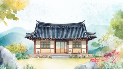pen drawing and water color painting, an illustration of a Korean traditional house, The design is simple with a Korean new year vibe and cute style in the flat design 