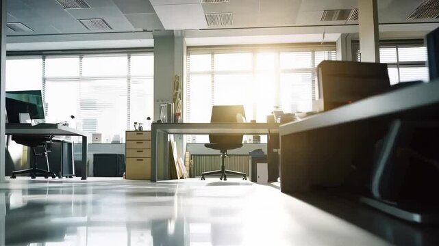 Blurry scene business office background. Lobby reception hall interior or empty indoor foyer meeting room with blurry light from glass wall window