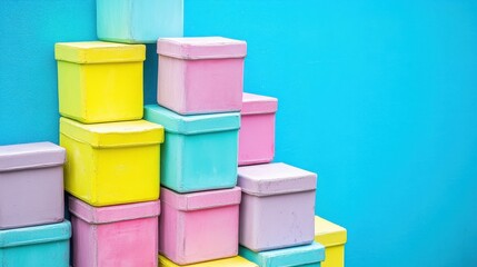 Colorful pastel boxes stacked against bright cyan background