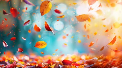Colorful autumn leaves falling on a ground covered with other leaves. Soft, warm colors.