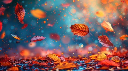 Colorful autumn leaves falling, swirling in the air, on a bed of leaves. Bright colors, like orange, red, and yellow.