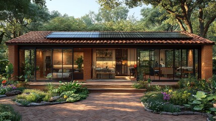 Naklejka premium Modern home with solar panels and a garden.