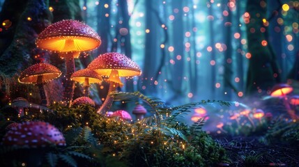 A magical forest with glowing mushrooms. Red and orange caps, glowing light.